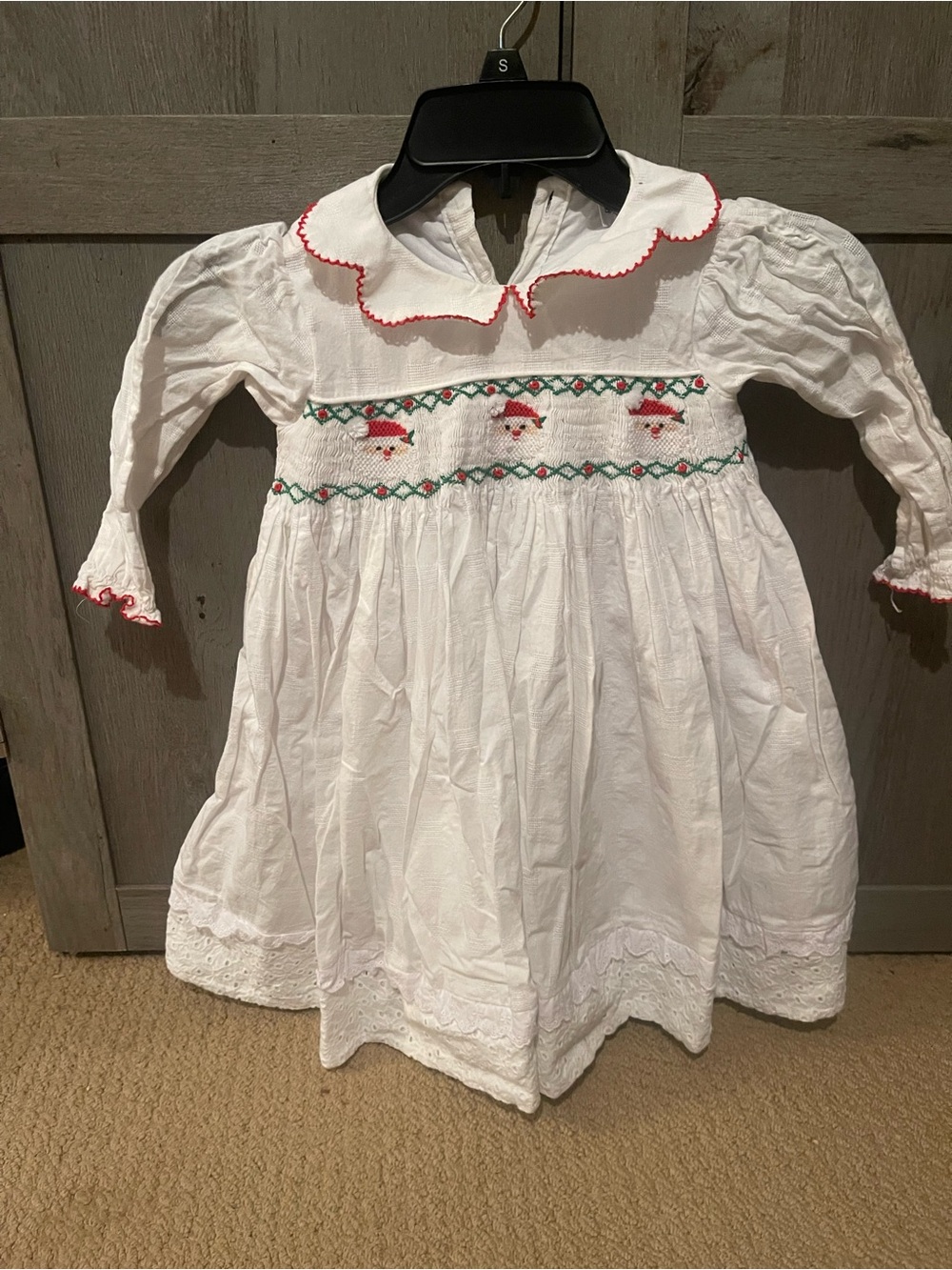 White Smocked Girls' Holiday Dress with Red Trim